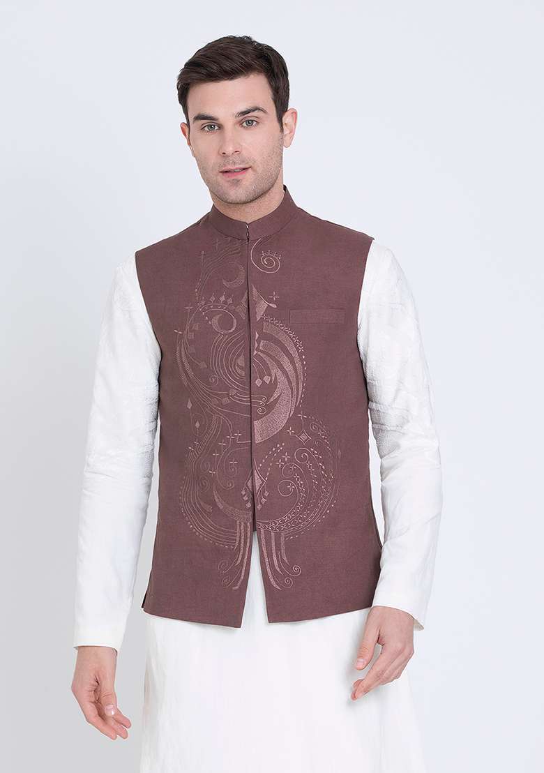 Brown Embroidered Linen Jacket For Men - Indya