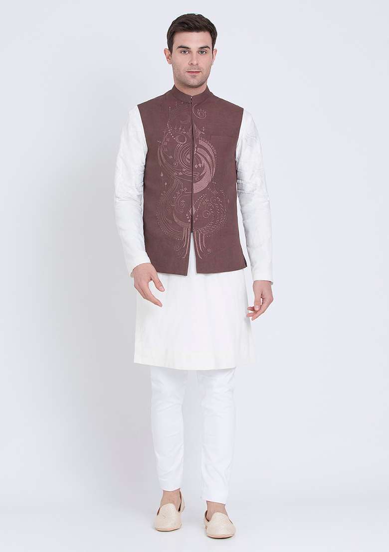 Brown Embroidered Linen Jacket For Men - Indya