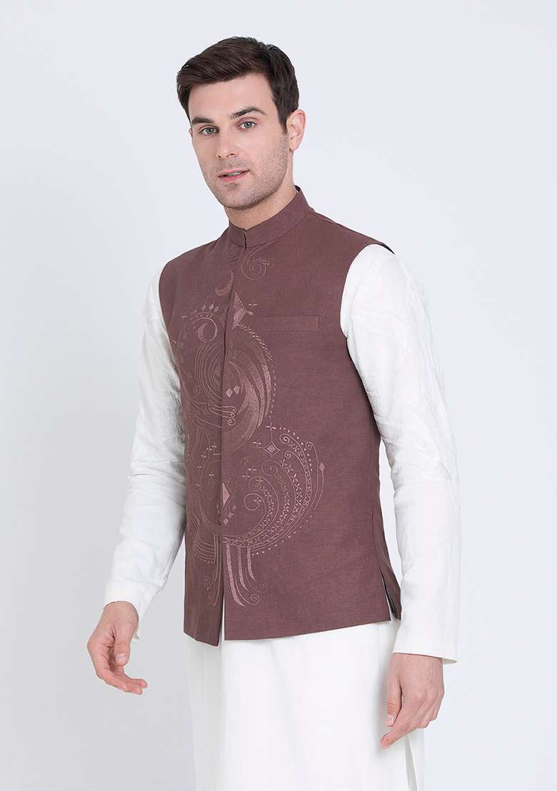 Brown Embroidered Linen Jacket For Men - Indya