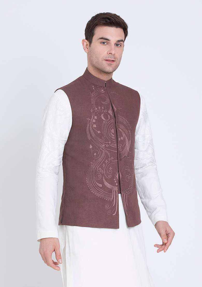 Brown Embroidered Linen Jacket For Men - Indya