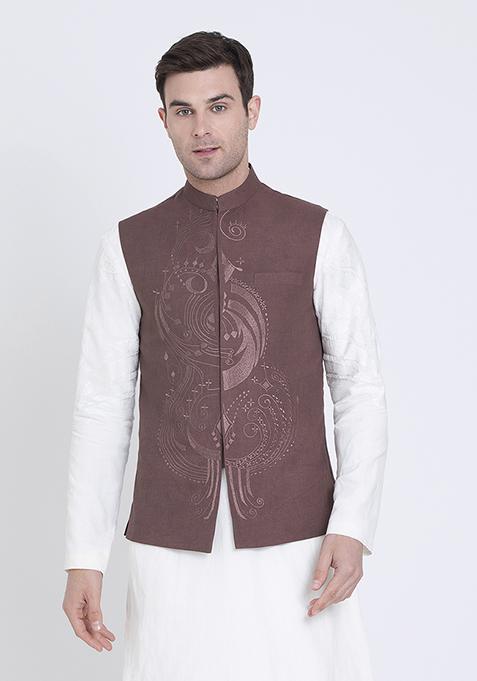 Brown Embroidered Linen Jacket For Men