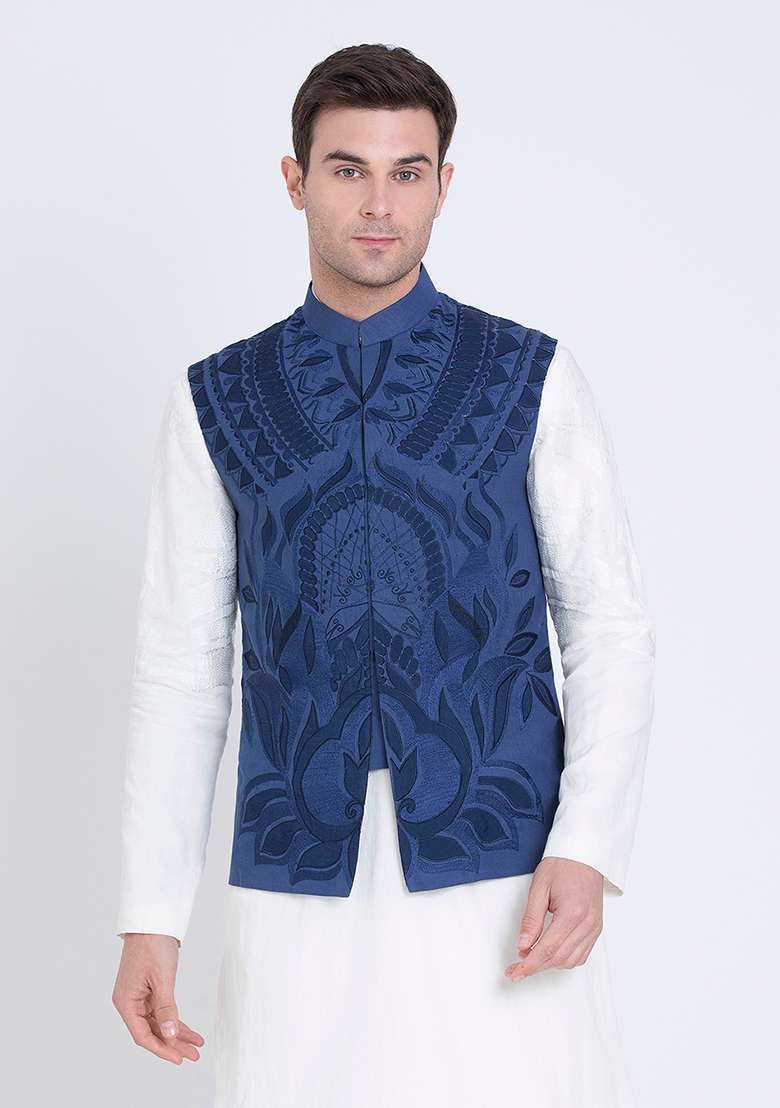 Blue Embroidered Linen Jacket For Men - Indya