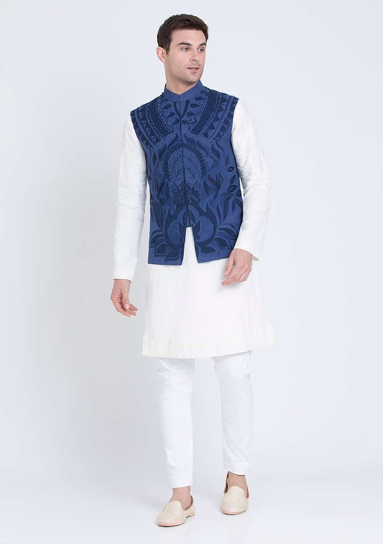 Blue Embroidered Linen Jacket For Men - Indya