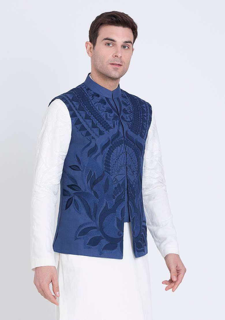 Blue Embroidered Linen Jacket For Men - Indya