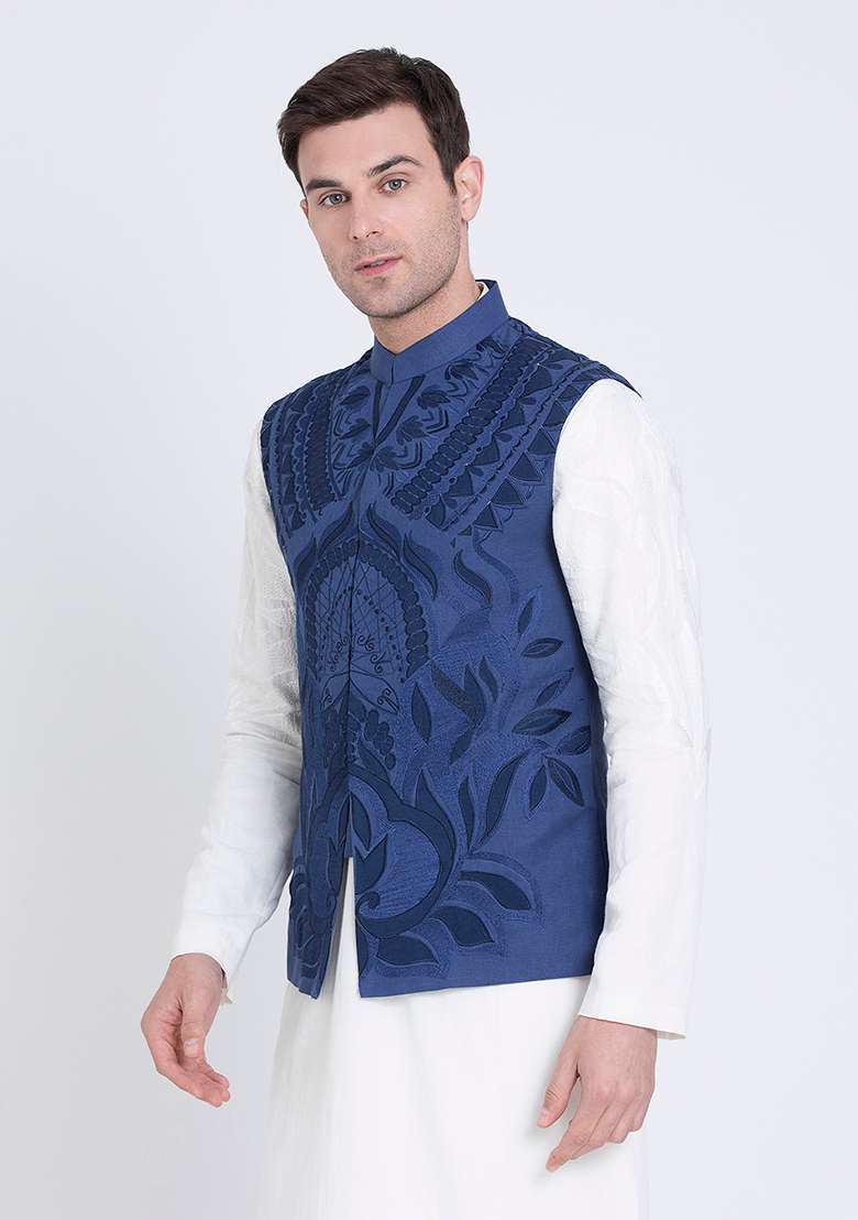 Blue Embroidered Linen Jacket For Men - Indya