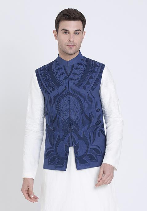 Blue Embroidered Linen Jacket For Men