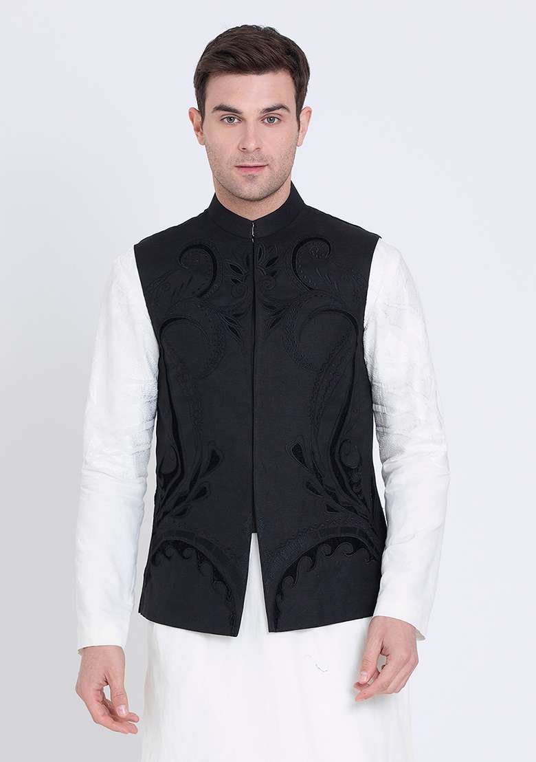 Black Embroidered Linen Jacket For Men - Indya