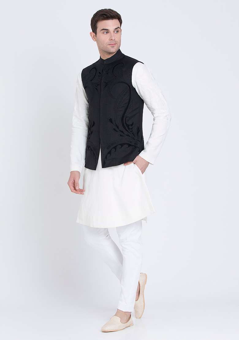 Black Embroidered Linen Jacket For Men - Indya