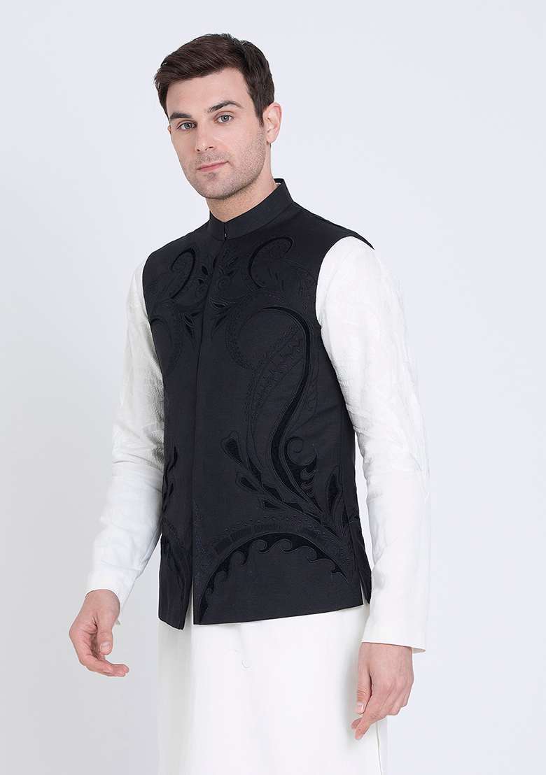 Black Embroidered Linen Jacket For Men - Indya
