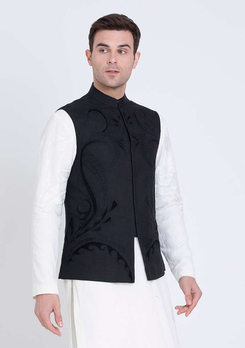 Black Embroidered Linen Jacket For Men - Indya