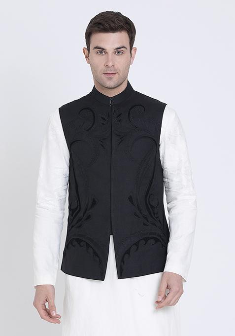 Black Embroidered Linen Jacket For Men