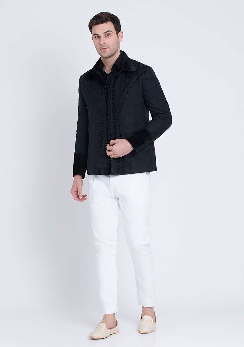 Black Premium Embroidered Linen Jacket For Men - Indya