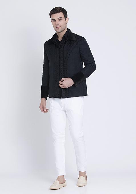 Black Premium Embroidered Linen Jacket For Men