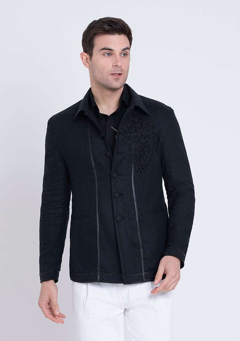 Black Dapper Embroidered Linen Jacket For Men - Indya