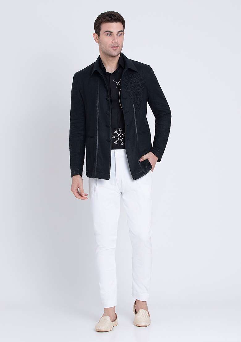 Black Dapper Embroidered Linen Jacket For Men - Indya