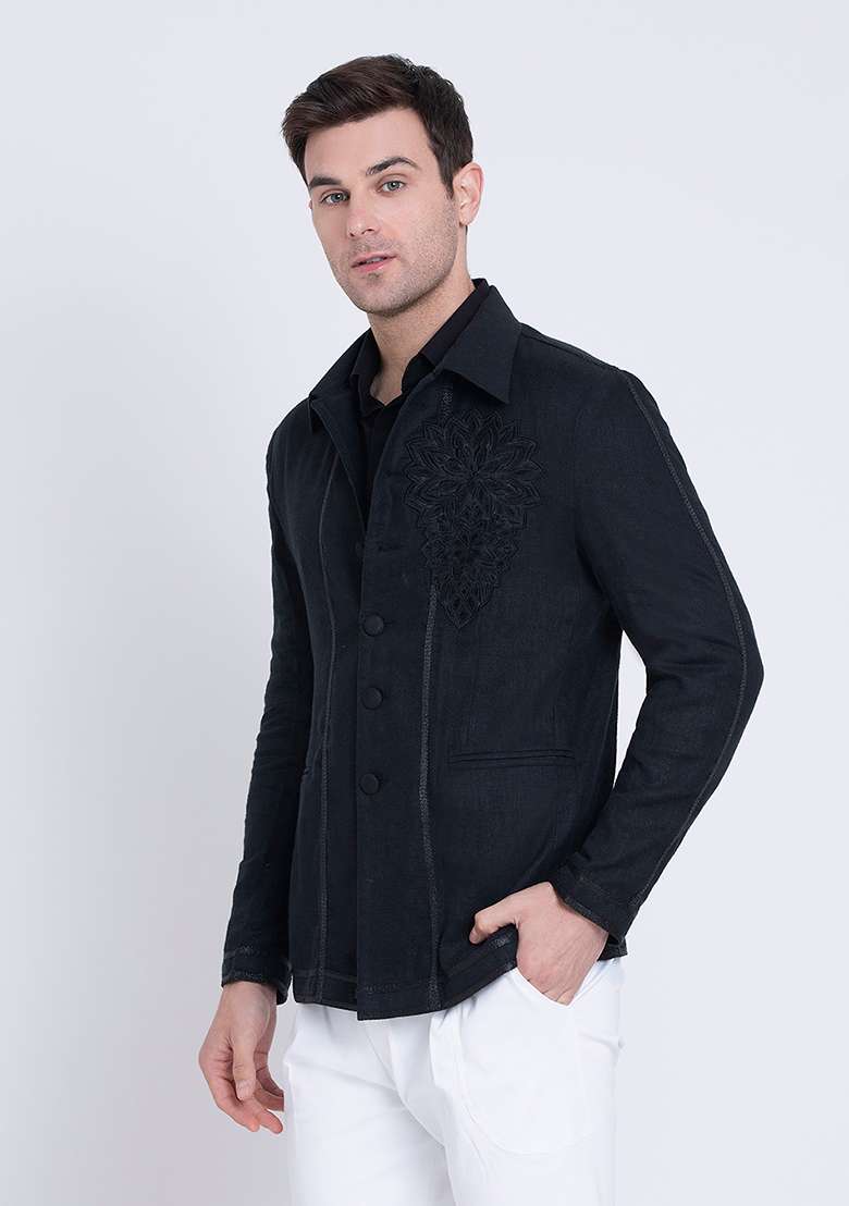 Black Dapper Embroidered Linen Jacket For Men - Indya