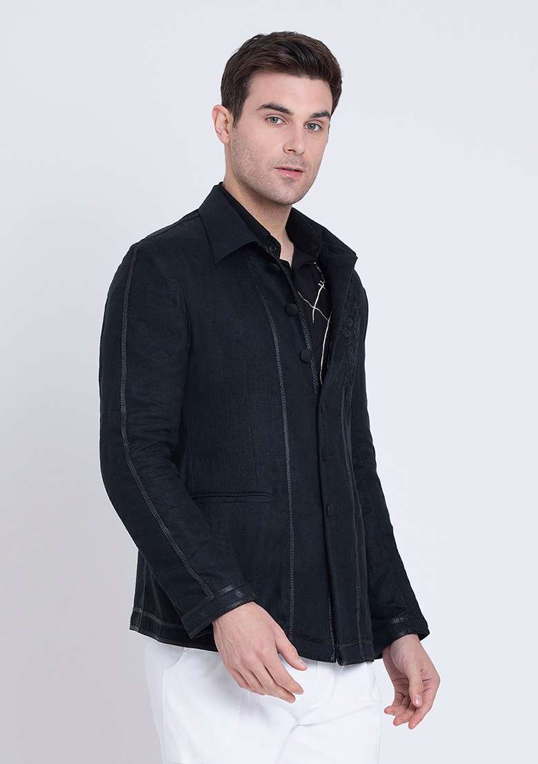 Black Dapper Embroidered Linen Jacket For Men - Indya