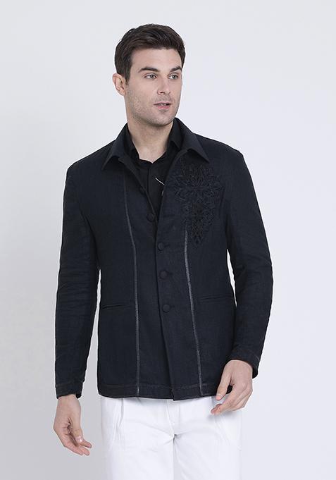 Black Dapper Embroidered Linen Jacket For Men