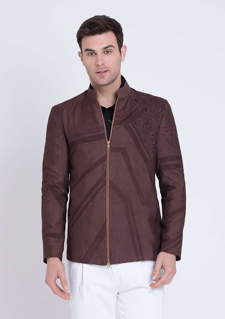 Brown Embroidered Silk Blend Jacket For Men - Indya