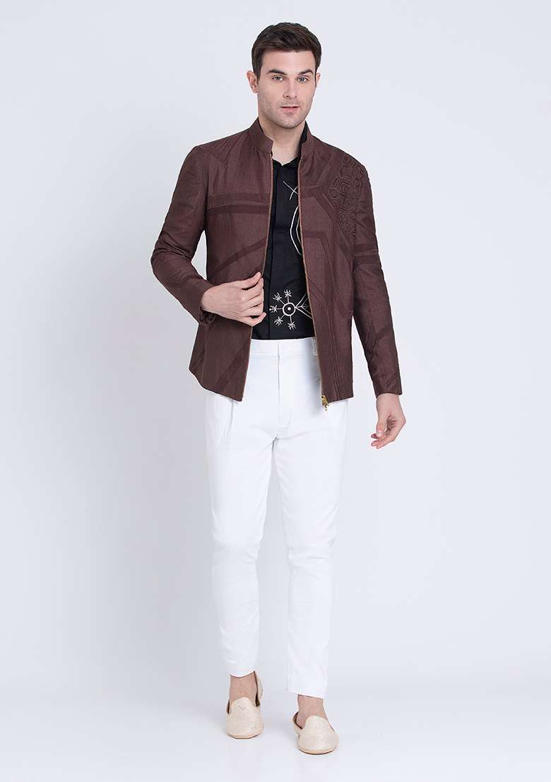 Brown Embroidered Silk Blend Jacket For Men - Indya