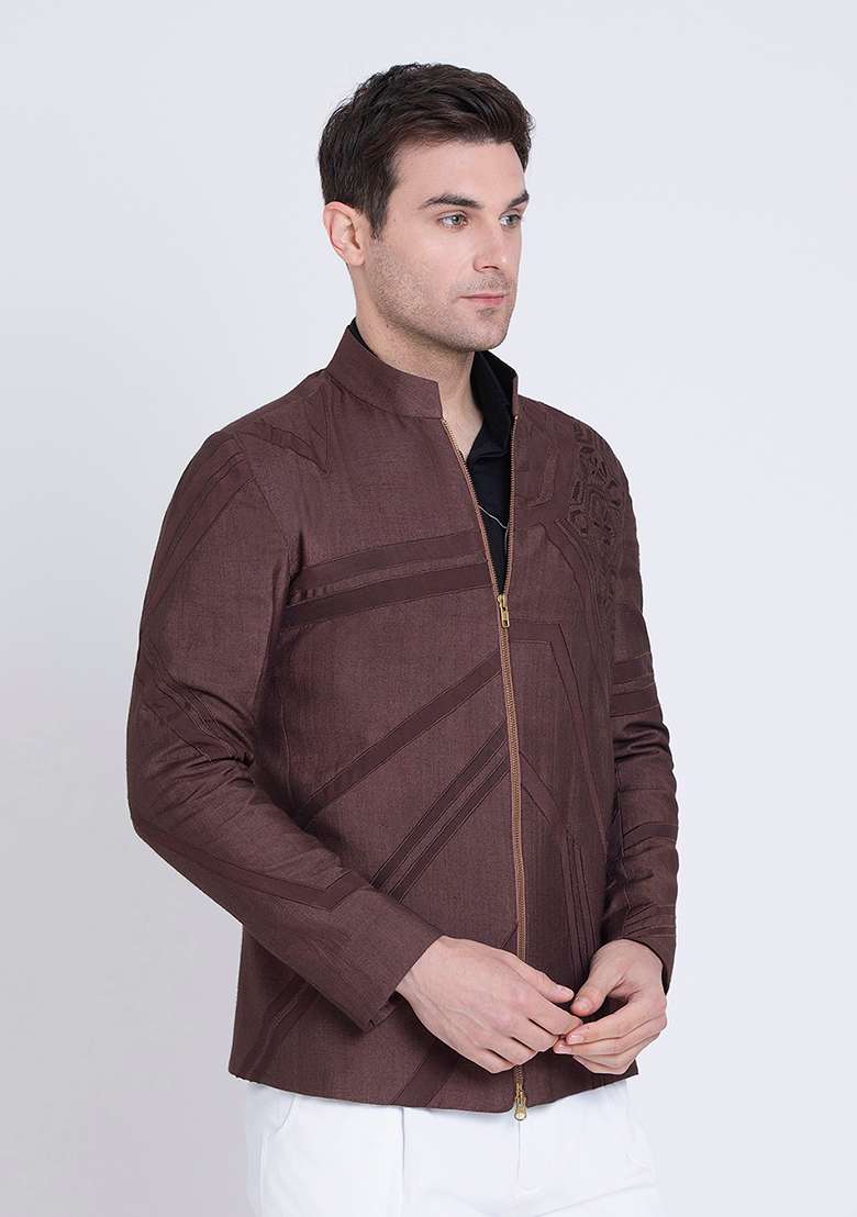 Brown Embroidered Silk Blend Jacket For Men - Indya