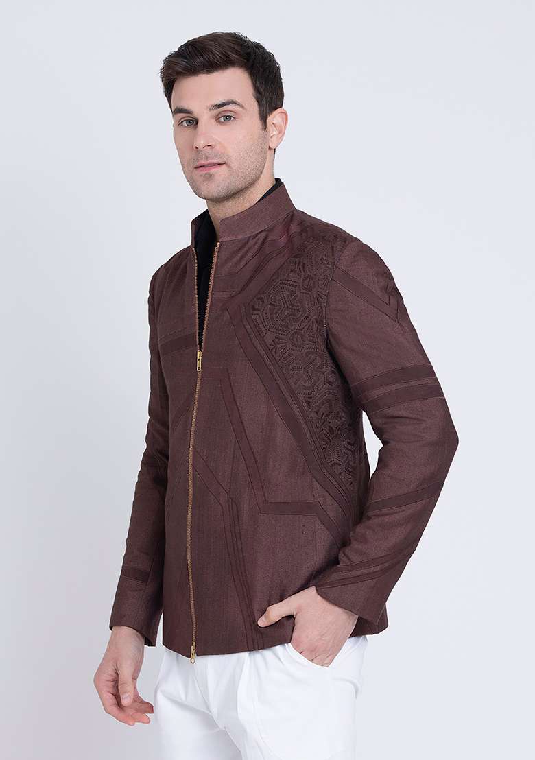 Brown Embroidered Silk Blend Jacket For Men - Indya