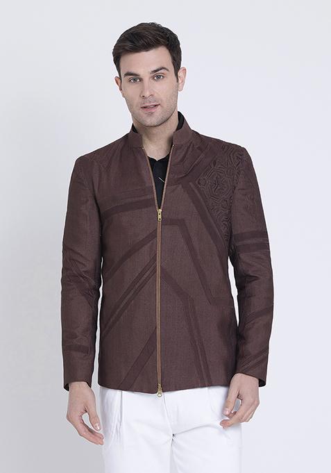 Brown Embroidered Silk Jacket For Men