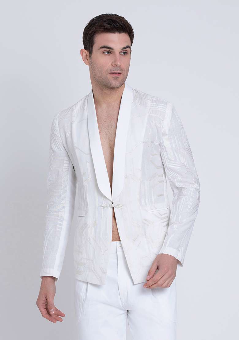 White Embroidered Linen Jacket For Men - Indya