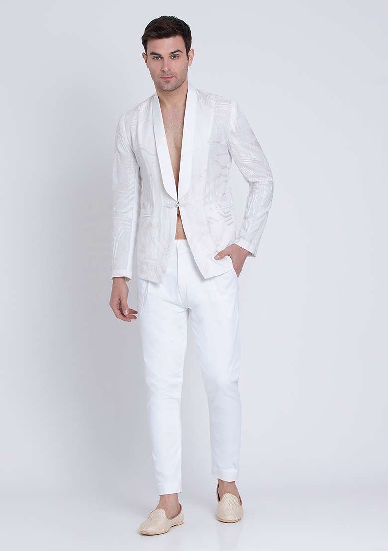 White Embroidered Linen Jacket For Men - Indya