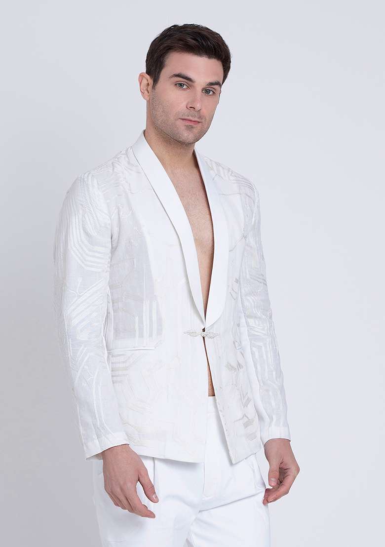 White Embroidered Linen Jacket For Men - Indya