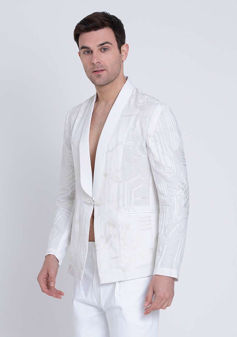 White Embroidered Linen Jacket For Men - Indya