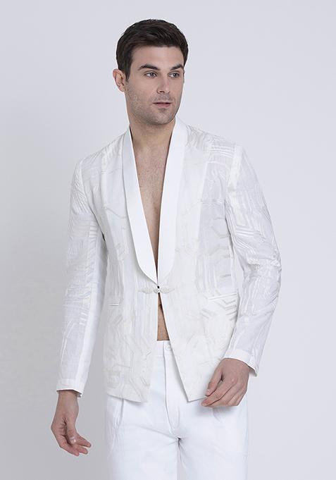 White Embroidered Linen Jacket For Men