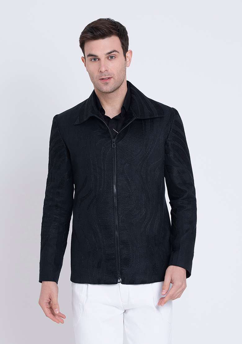 Black Dapper Classic Embroidered Linen Jacket For Men - Indya
