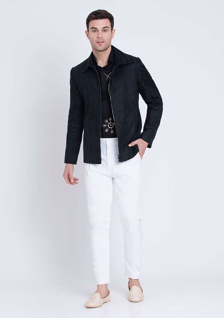 Black Dapper Classic Embroidered Linen Jacket For Men - Indya