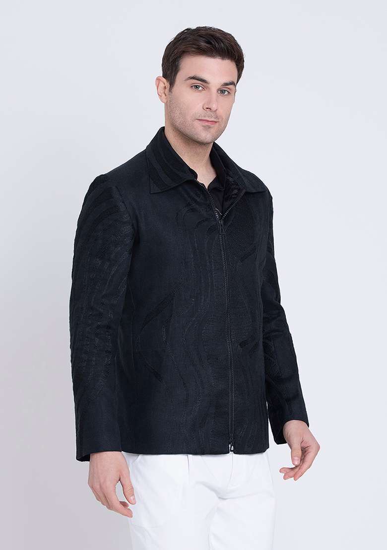 Black Dapper Classic Embroidered Linen Jacket For Men - Indya