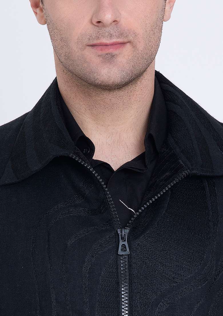 Black Dapper Classic Embroidered Linen Jacket For Men - Indya