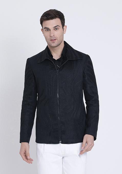 Black Dapper Classic Embroidered Linen Jacket For Men