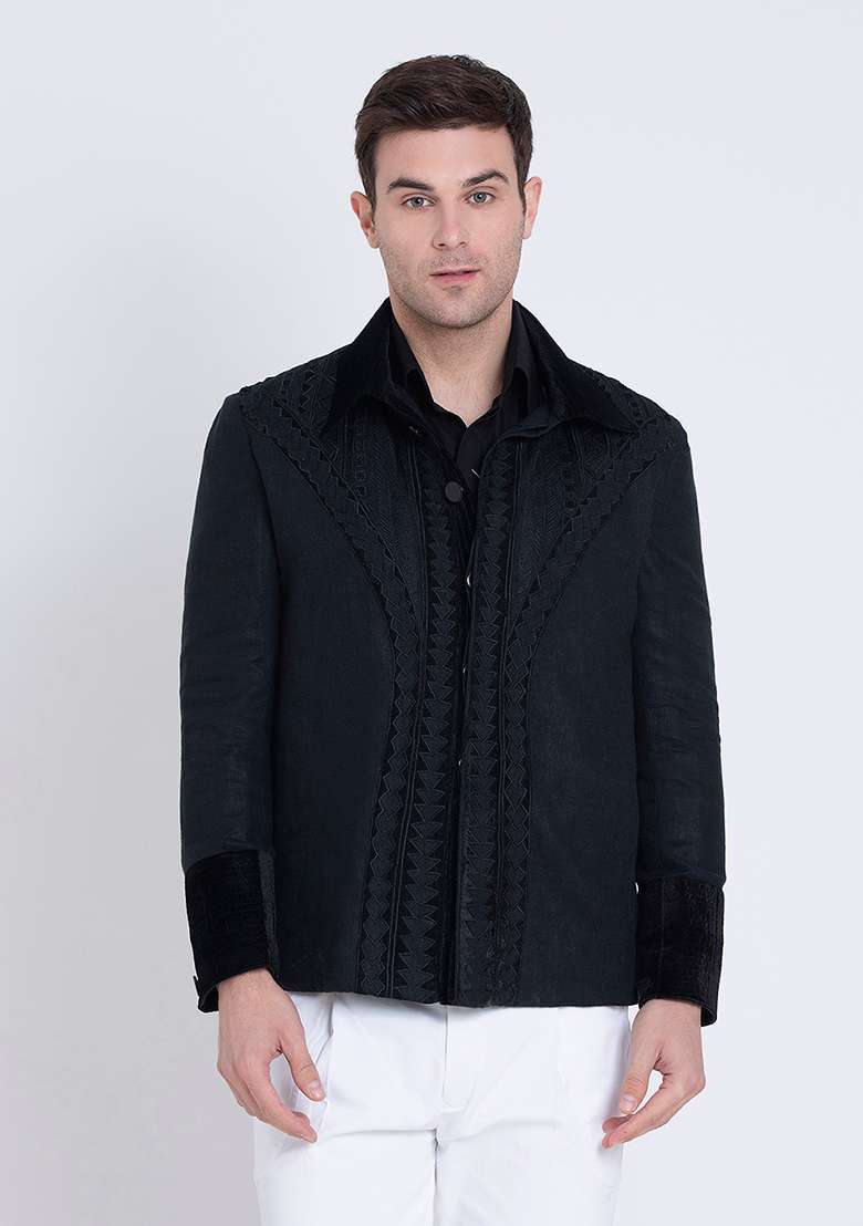 Black Fresh Embroidered Linen Jacket For Men - Indya