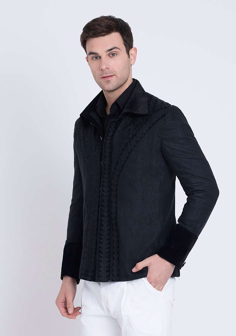 Black Fresh Embroidered Linen Jacket For Men - Indya