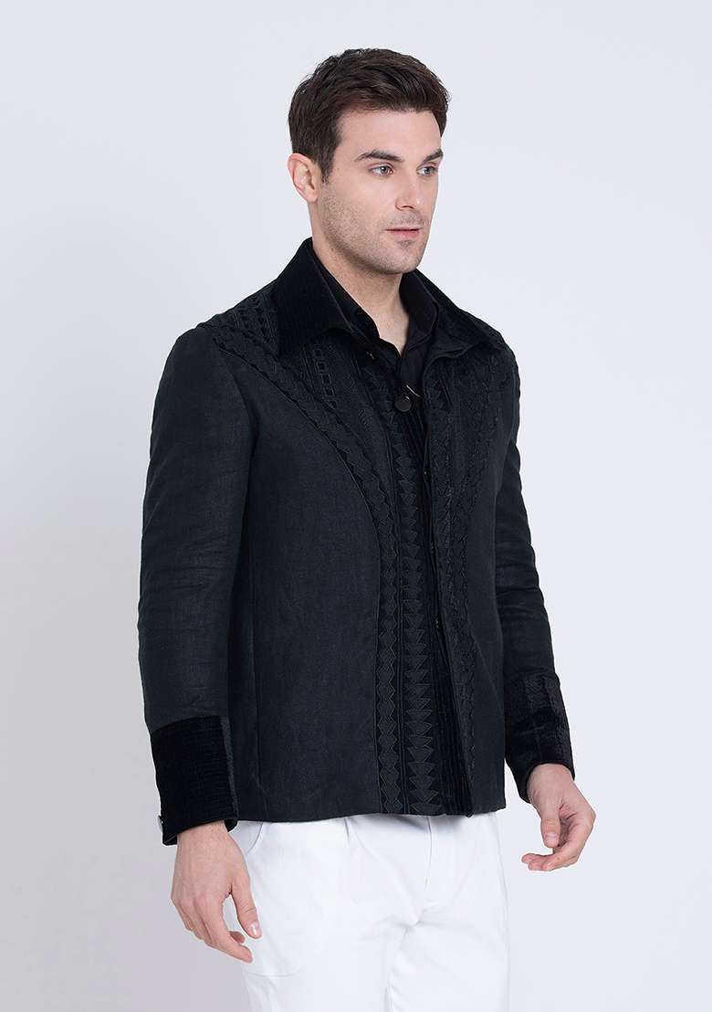 Black Fresh Embroidered Linen Jacket For Men - Indya