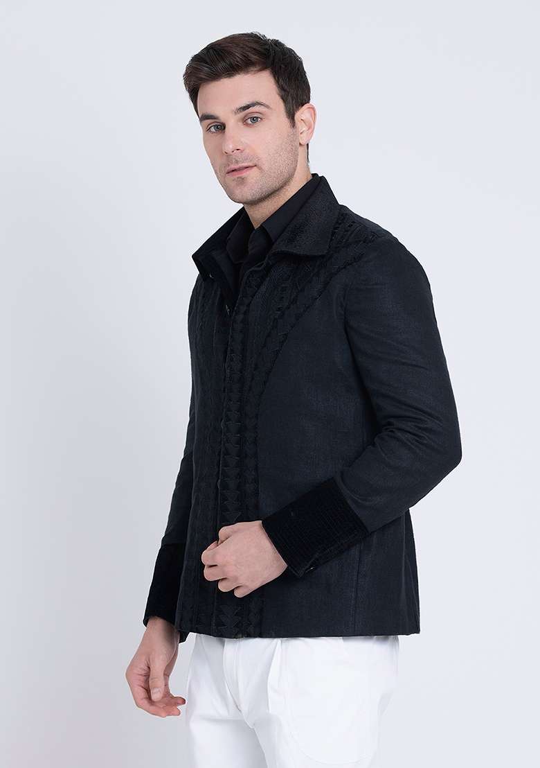 Black Fresh Embroidered Linen Jacket For Men - Indya