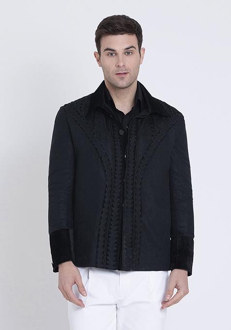 Black Fresh Embroidered Linen Jacket For Men