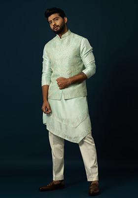 Light Green Embroidered Silk Nehru Jacket For Men