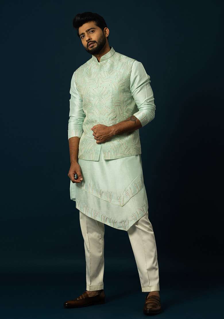 Light Green Embroidered Silk Blend Nehru Jacket For Men - Indya