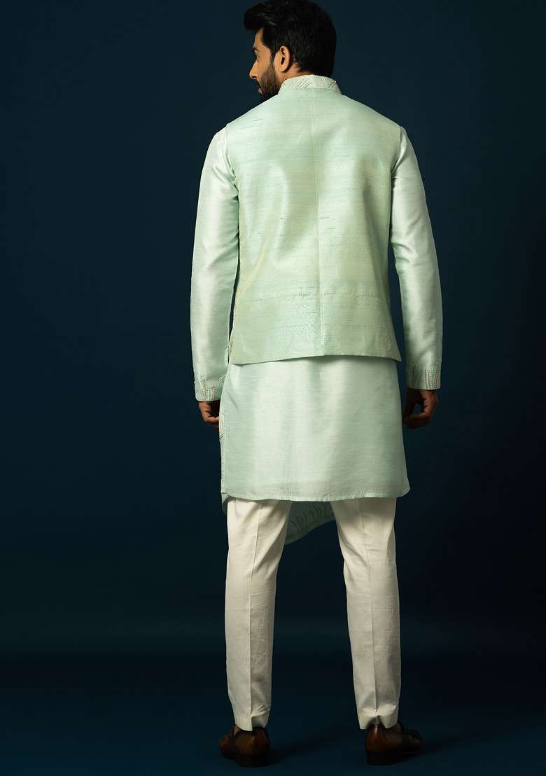 Light Green Embroidered Silk Blend Nehru Jacket For Men - Indya