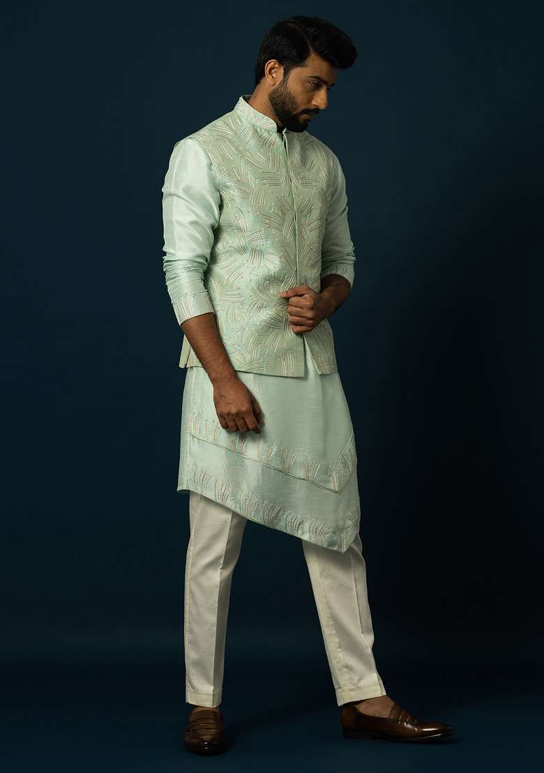 Light Green Embroidered Silk Blend Nehru Jacket For Men - Indya