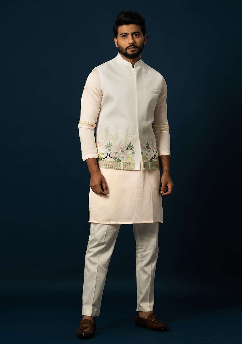Ivory Embroidered Linen Nehru Jacket For Men - Indya