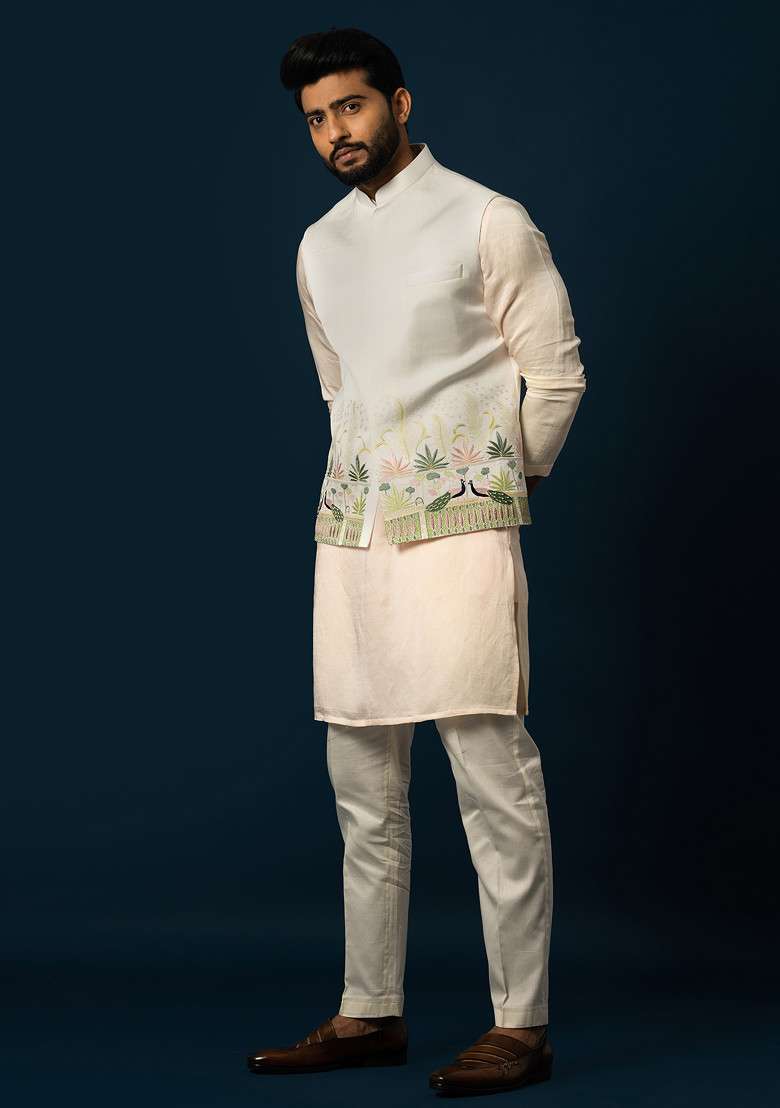 Ivory Embroidered Linen Nehru Jacket For Men - Indya