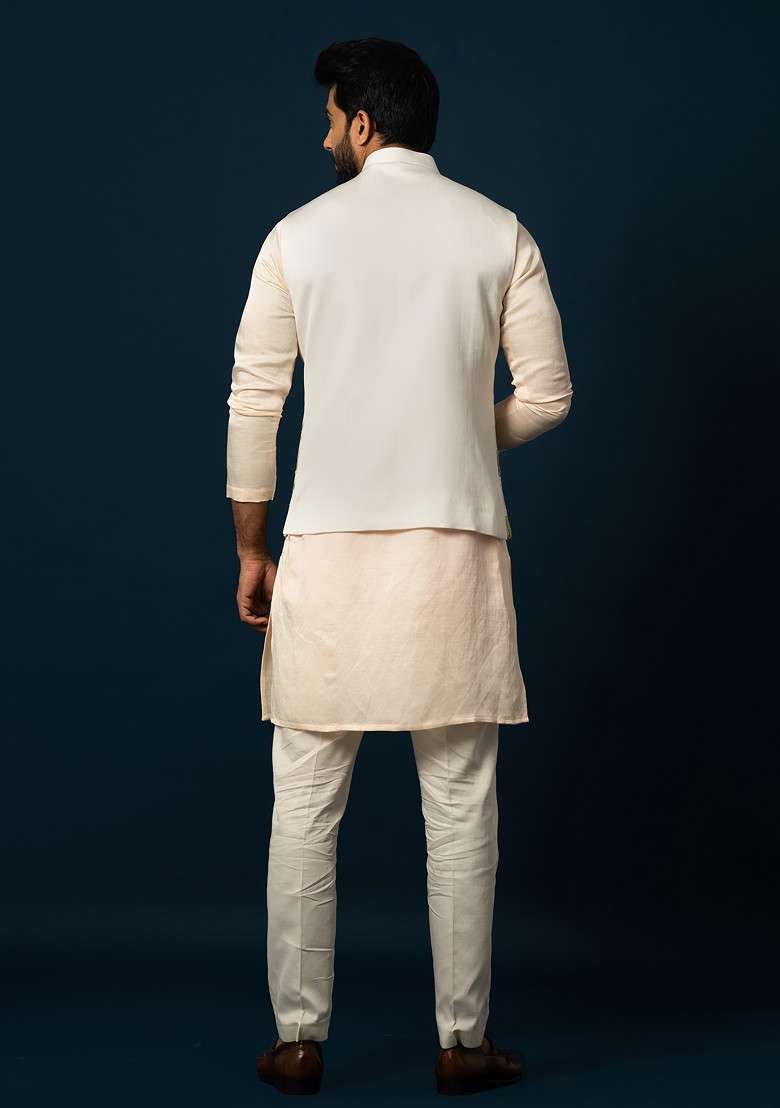 Ivory Embroidered Linen Nehru Jacket For Men - Indya