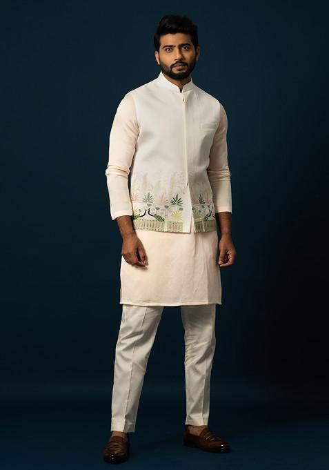 Ivory Embroidered Linen Nehru Jacket For Men